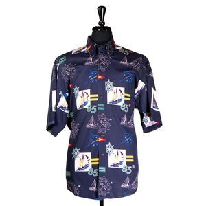 Keeler Bay Mens Shirt Button Blue Nautical Hawaiian Beach Fishing Casual Large